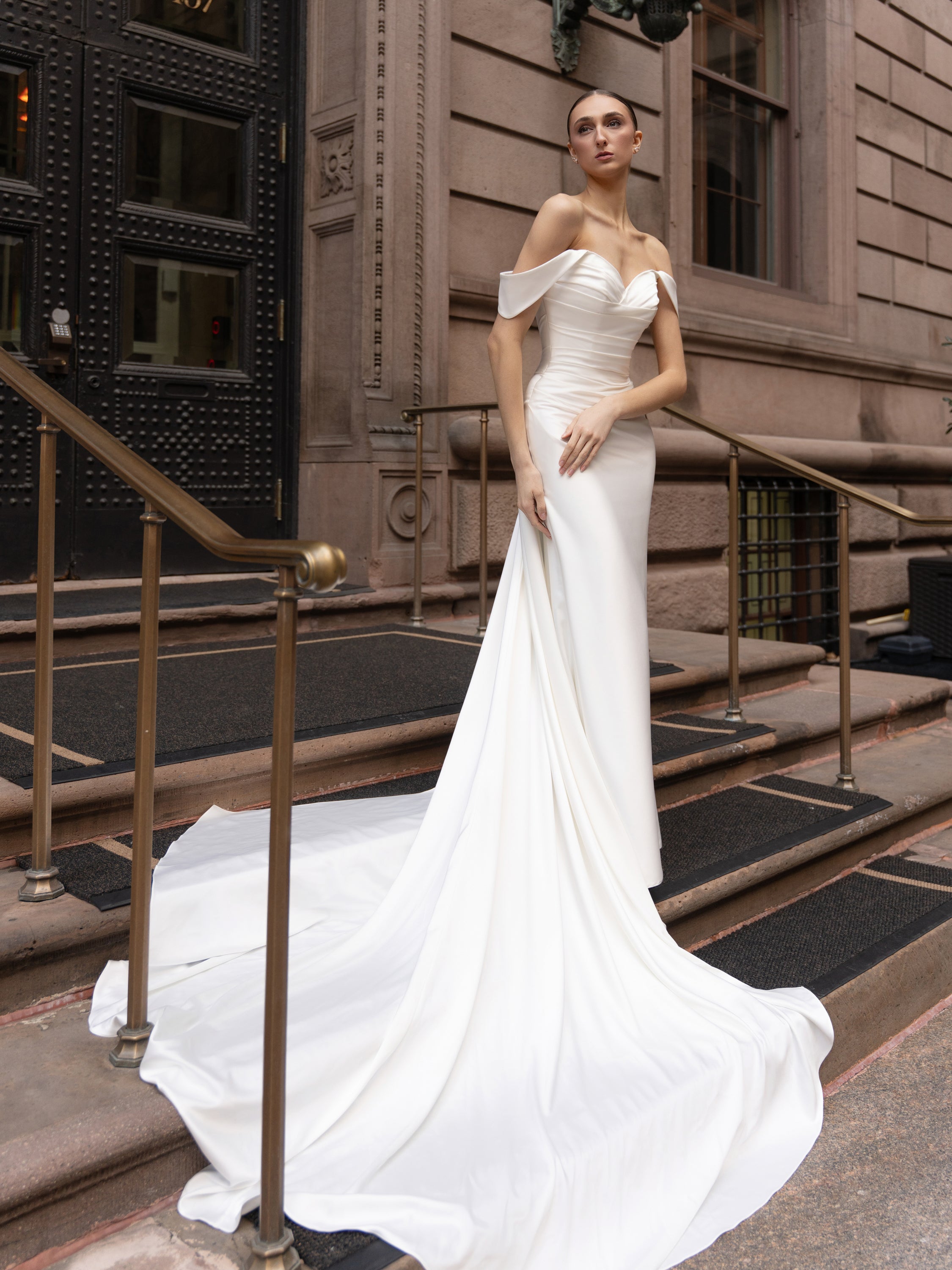 pleated mermaid wedding dress Simple Pleated Satin Mermaid Wedding Dress with Off the Shoulder Rosymae