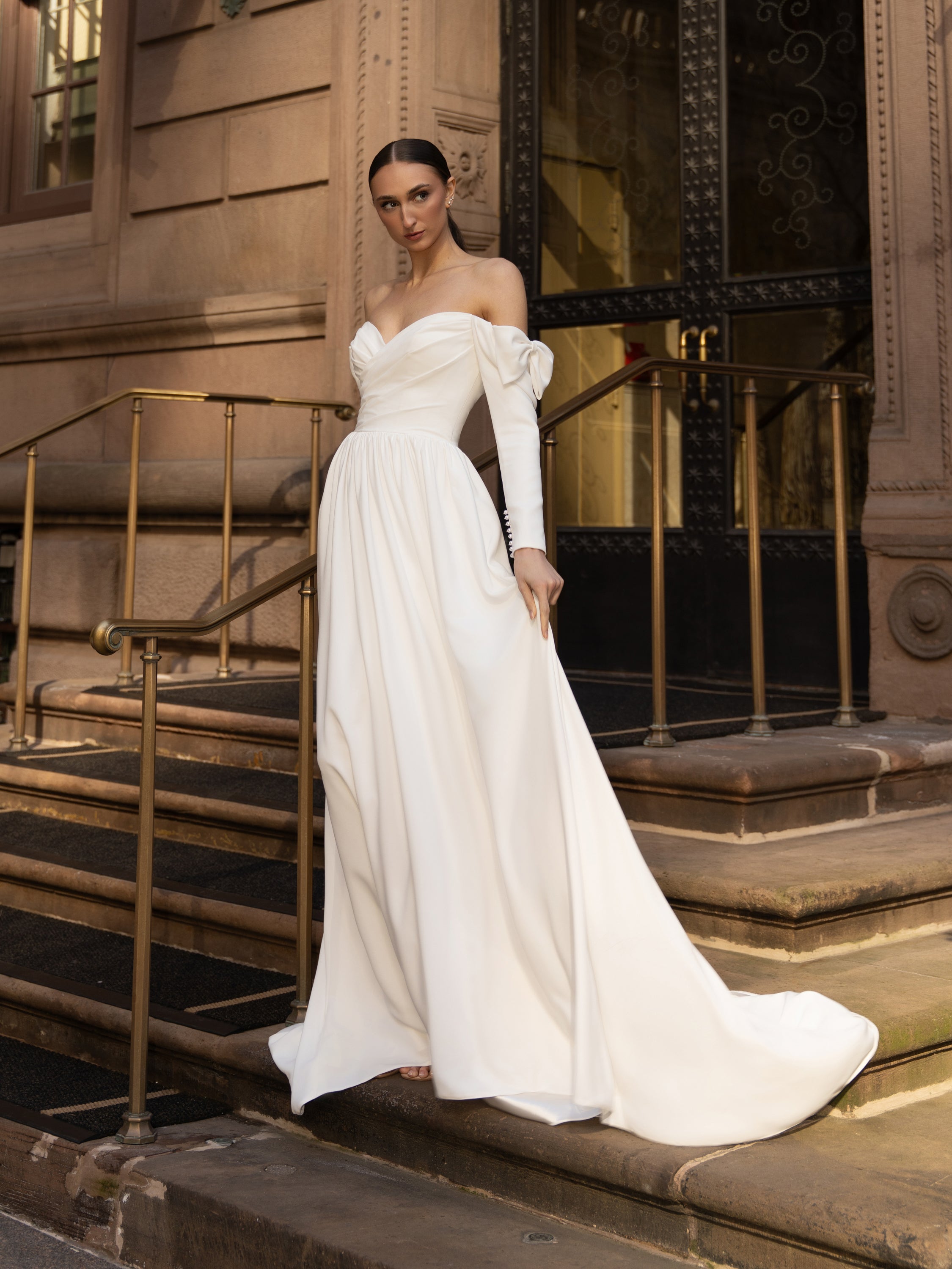 matte satin wedding dress Strapless Satin Wedding Dress with Detachable Overskirt, Modern Minimalist Bridal Gown High Low